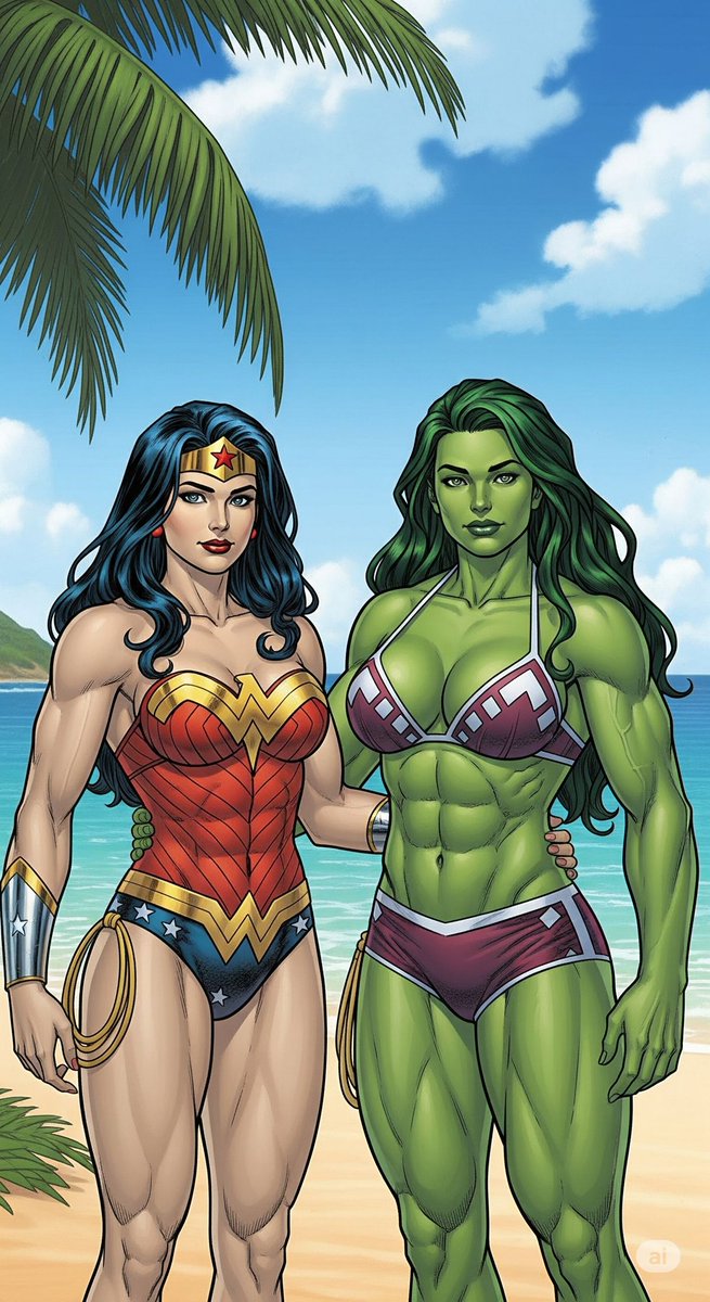 RhiannonInSL's tweet photo. Another Pinterest find; Diana and Jen at the beach. The original art (left) is by jeftoon01 on Deviant Art
#AIart #derivativework #sfw #superheroines https://t.co/d5WGQYUdpz