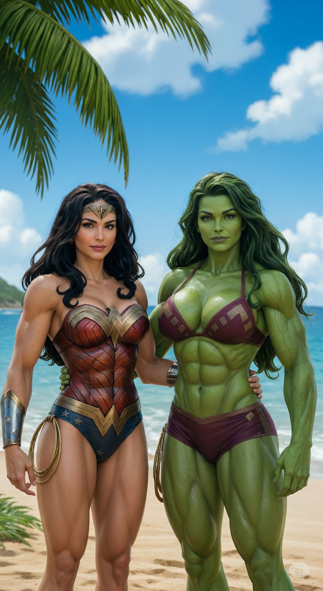RhiannonInSL's tweet photo. Another Pinterest find; Diana and Jen at the beach. The original art (left) is by jeftoon01 on Deviant Art
#AIart #derivativework #sfw #superheroines https://t.co/d5WGQYUdpz