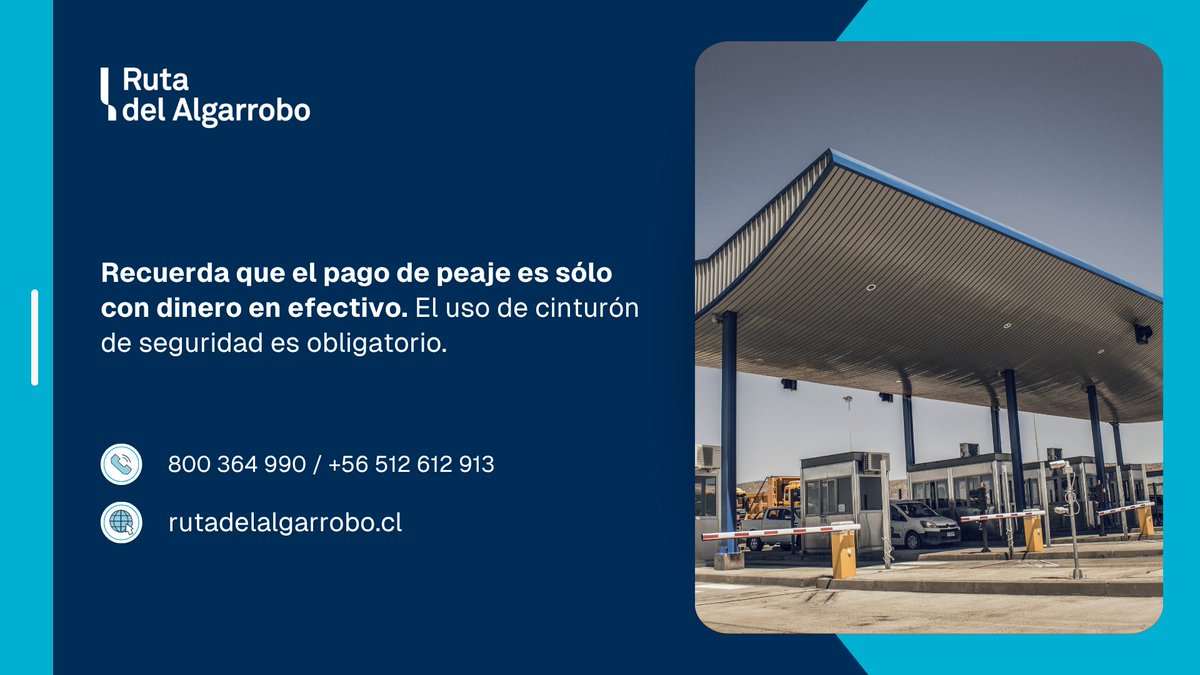 ruta_algarrobo's tweet photo. [INFORMACIÓN] 💵 Recuerda que el pago del peaje en nuestras plazas #PuntaColorada y #Cachiyuyo es sólo con dinero en efectivo. Lleva sencillo para evitar contratiempos. 👉 El uso del cinturón de seguridad y sistemas de retención infantil es obligatorio. #Ruta5 #Coquimbo https://t.co/Z6cNalQ6wq