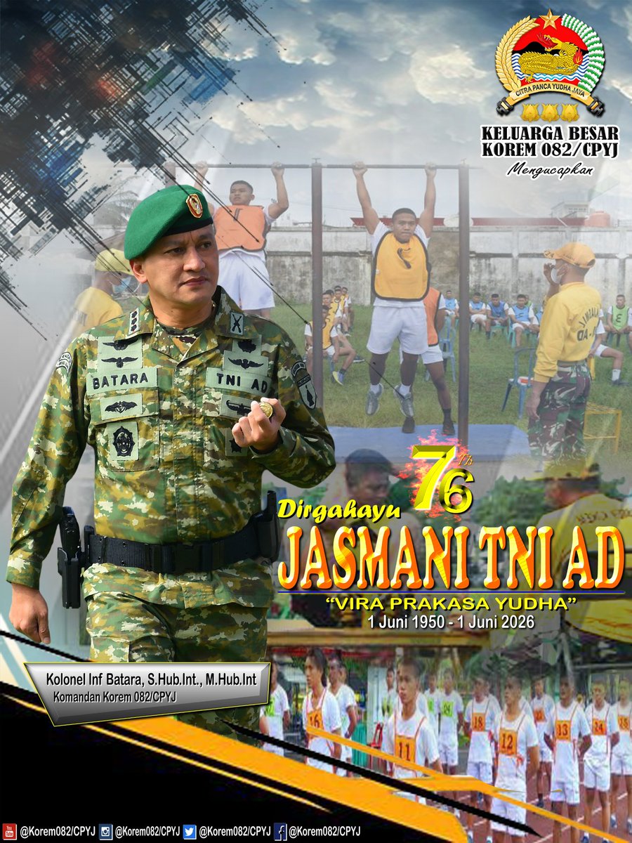 082Cpyj's tweet photo. Dirgahayu JASMANI TNI AD
1 Juni 2026 https://t.co/U3C7G0UILx