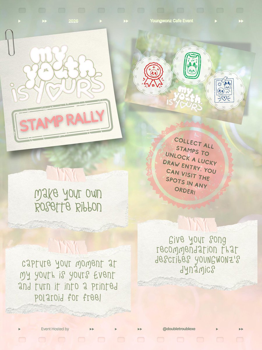 ALLINEUNSEOK's tweet photo. Youth only comes once in a lifetime! Just like #YOUNGWONZ, let's cherish our youth together and do something fun🦌🪨
🍃 𝓜𝔂 𝓨𝓸𝓾𝓽𝓱 𝓲𝓼 𝓨𝓸𝓾𝓻𝓼 🍃
📋 RSVP slot on June 1 (7:00 PM)
🖇️ sesi 1 : https://t.co/Us5wTA1fs0
sesi 2 : https://t.co/yBTEU37CEm
#MyYouthIsYours_JKT @doubletroublexe