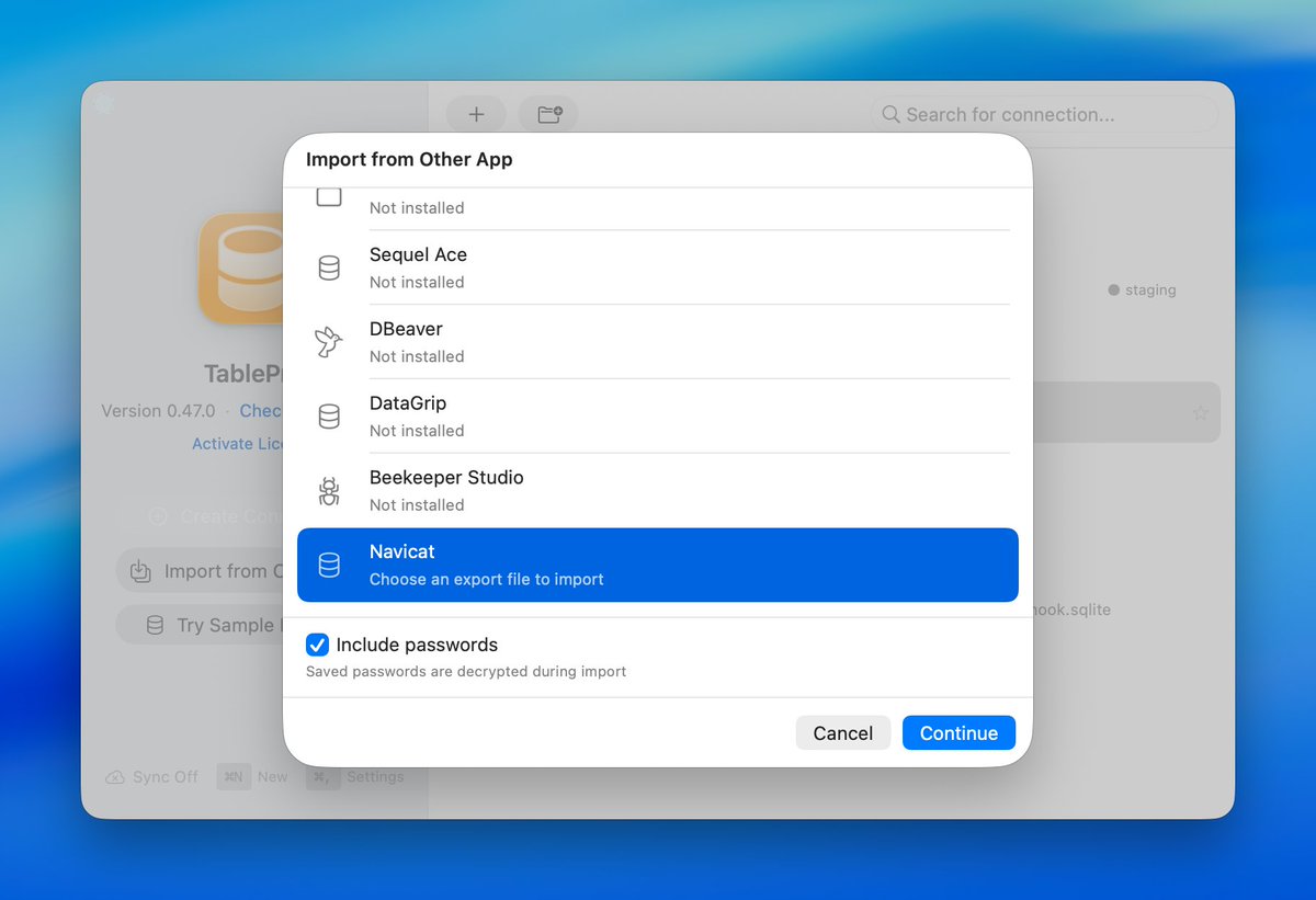 tableproapp's tweet photo. TablePro 0.47 is out.

> Database tree sidebar, see every DB/schema at once
> Star tables as favorites
> Import connections from Navicat
> Stronger Safe Mode: always confirm DROP/TRUNCATE
> Big keyboard + VoiceOver pass
> Faster table opens https://t.co/fzS2bcUZAy