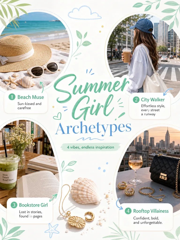 AncherAI's tweet photo. "Summer Girl" Archetypes — 4 vibes for endless inspiration ☀️🐚

I’ve been experimenting with AI to turn abstract summer moods into editorial-style mood boards. Which one are you?

Beach Muse

City Walker

Bookstore Girl

Rooftop Villainess

These are so fun to put together. If you want to try creating your own "archetype" aesthetic, DM me "Summer" and I’ll send over the workflow I used to get these results! 👇

#AIArt #SummerVibes #DesignInspo #GenerativeArt #MoodBoard