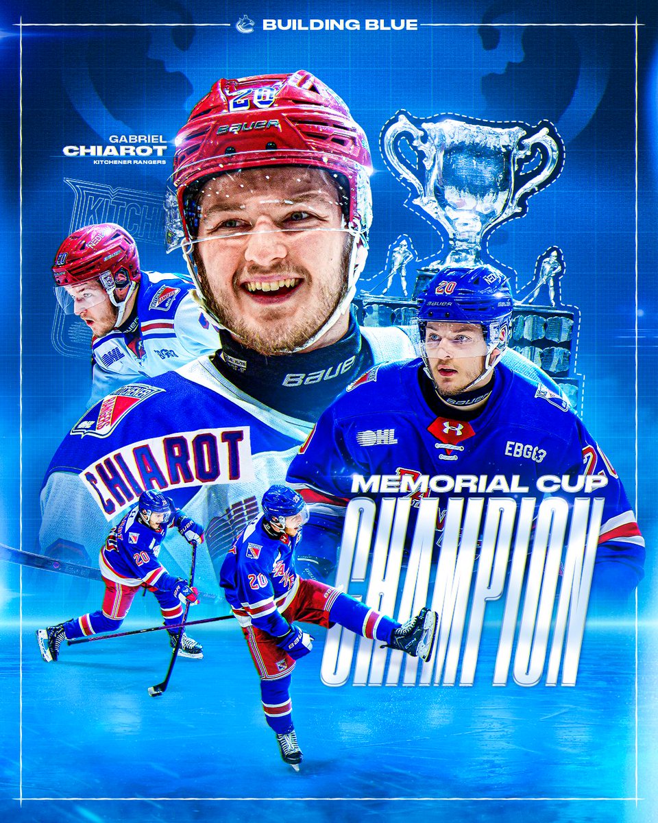 Canucks's tweet photo. Gabriel Chiarot is a #MemorialCup Champion!

Congrats to Gabe and the Kitchener Rangers on winning the 2026 Memorial Cup. 👏 https://t.co/z3AXw3US8G