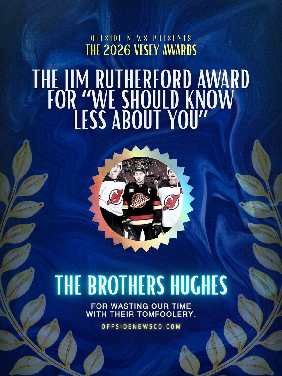 offsidenewsco's tweet photo. We have all learned things about Quinn, Jack, and Luke Hughes that we wish we could unlearn. May we never hear of hockey’s pampered, privileged, and pissy nepo babies again. They win the Jim Rutherford Award for "We Should Know Less About You." https://t.co/jeFWAESJBx