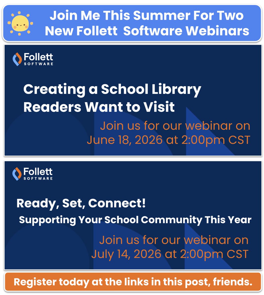 shannonmmiller's tweet photo. ☀️Join me this summer for two new @FollettSoftware webinars for all librarians.
You can register at the links in this post.⬇️
It's going to be a fun summer of learning, friends.🧡
https://t.co/e3QvkHMM0h
#summer #summerlearning #reading #tlchat #futurereadylibs #ISTELib #Librarians #libraries
