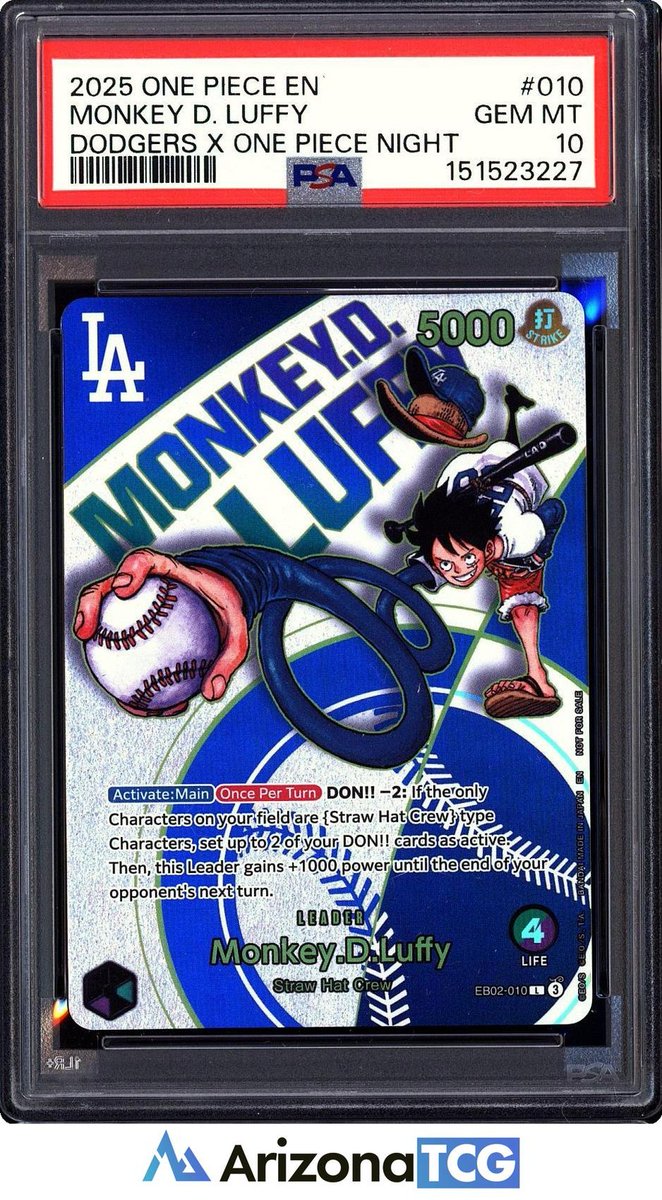 OnePieceAlert's tweet photo. ONE PIECE 2025 MONKEY D. LUFFY EB02-010 DODGERS X ONE PIECE NIGHT GEM MT PSA 10

Price: $4,499.00 USD

Sold: 5-31-2026

eBay: arizona_tcg

#OnePieceTCG #OPTG #onepiece #optcg https://t.co/XcsD9WljIM