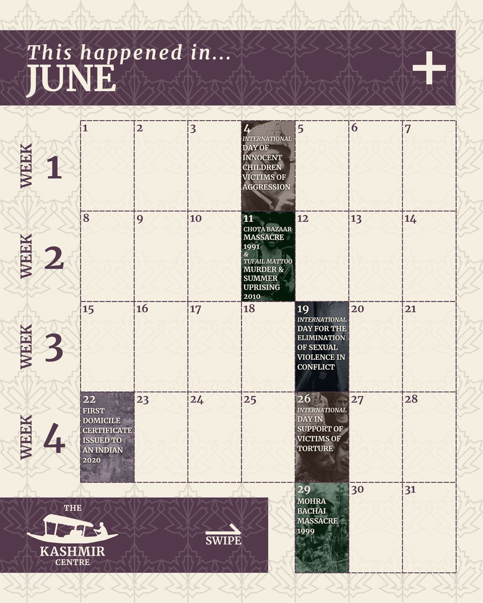 KashmirCentre's tweet photo. June Calendar #Kashmir 

11TH JUNE 1991:
Chota Bazaar Massacre 

11TH JUNE 2010:
Tufail Mattoo Murder &amp; Summer 2010 Uprising

22ND JUNE 2020:
First Domicile Certificate Issued to an Indian 

29TH JUNE 1990: 
The Mohra Bachai Massacre

Not exhaustive, but illustrates our history. https://t.co/bxCliE2TFP