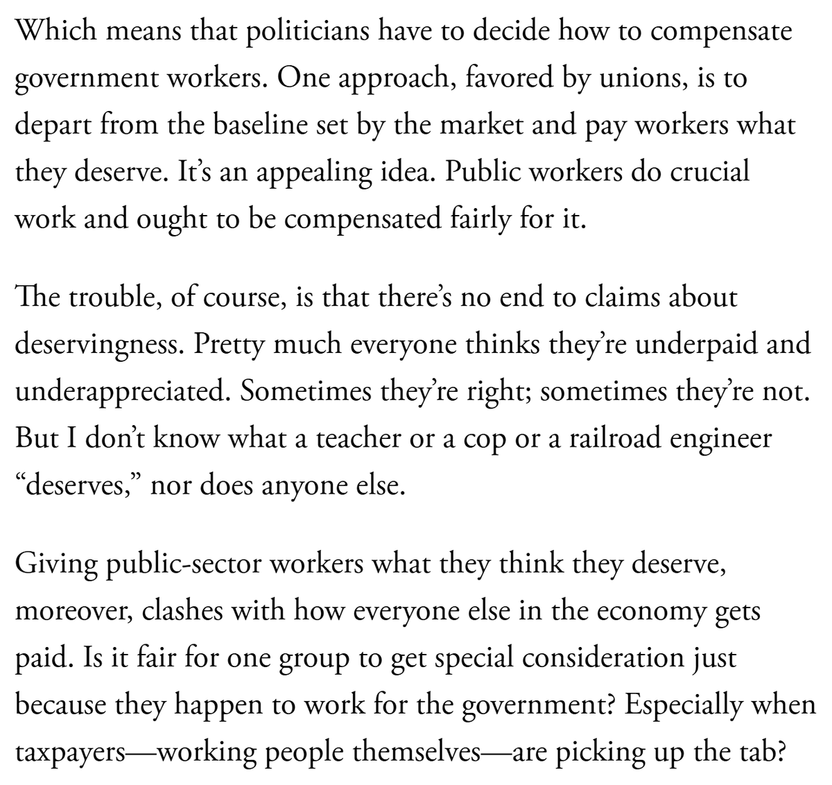 johnarnold's tweet photo. A fundamental tension in public-sector comp is whether pay should be determined by the labor market, as it largely is in the private sector, or by a broader and more subjective notion of what public employees "deserve."

Great article throughout by @nicholas_bagley https://t.co/EFIjJGkyI4