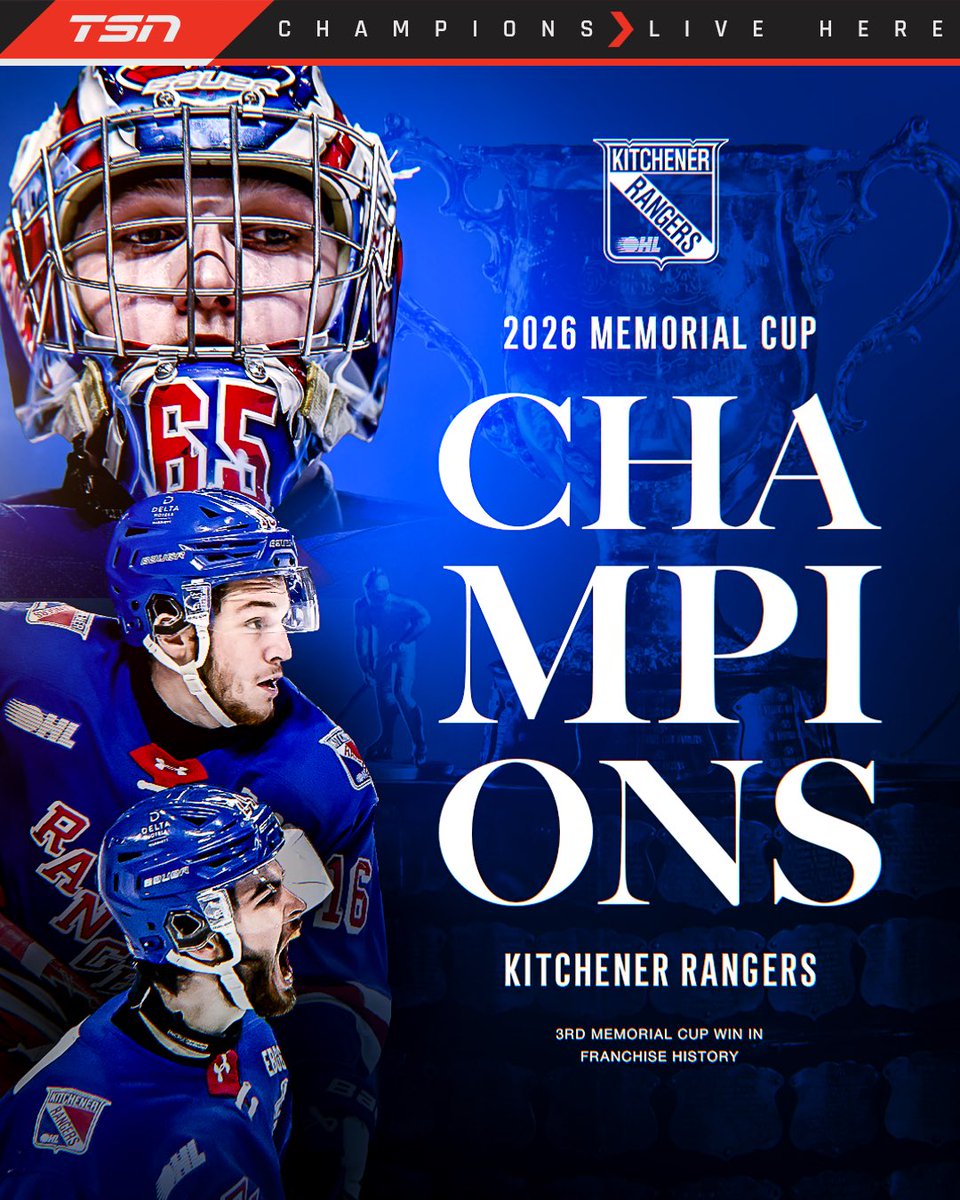 TSN_Sports's tweet photo. YOUR 2026 #MEMORIALCUP CHAMPIONS, THE KITCHENER RANGERS! 🏆🎉

Kitchener downs Everett 6-2 to earn its first Memorial Cup since 2003 😳 https://t.co/DgsAnDXb0i