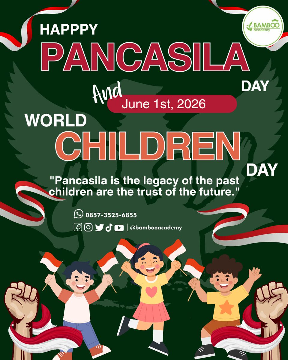 boomy2018's tweet photo. Happy Pancasila Day and World Childrens Day 2026! 🇮🇩🧒✨

​"Pancasila is the legacy of the past, children are the trust of the future." 🕊️🌏

​#Pancasiladay
#Childrenday
#BambooAcademy
#BehaveLocally
#ThinkGlobally
#SpeakInternationally https://t.co/TOShmWfIKj