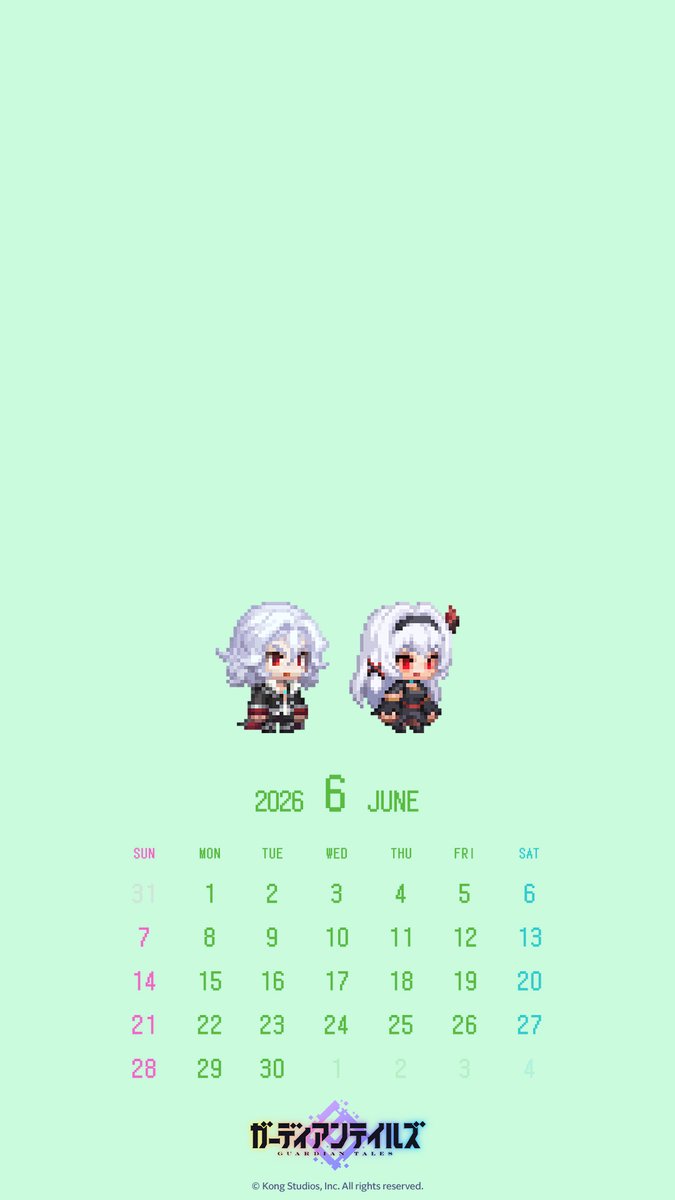 GuardianTalesJP's tweet photo. 【カレンダー】
2026年6月のカレンダーをプレゼント！
今月は「クロード」と「プリシラ」のデザインでお届けします☘️

#ガーディアンテイルズ #ガデテル https://t.co/KFAxx64K2W
