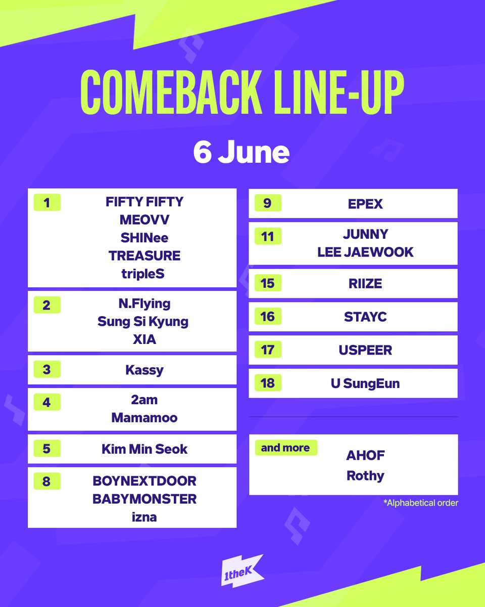 1theK's tweet photo. 🥳COMEBACK LINE-UP for JUNE🥳 https://t.co/zJIGzh8Ayo