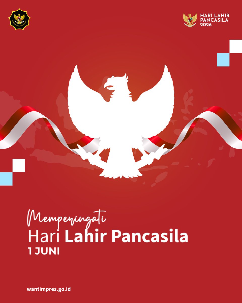WantimpresRI's tweet photo. Selamat Hari Lahir Pancasila 2026 🇮🇩

Pancasila menjadi perekat dalam keberagaman serta fondasi persatuan, gotong royong, keadilan, dan perdamaian. Mari amalkan nilai-nilai Pancasila dalam kehidupan sehari-hari untuk Indonesia yang damai dan berkontribusi bagi dunia.

 #Pancasila https://t.co/kqPICdvKl9
