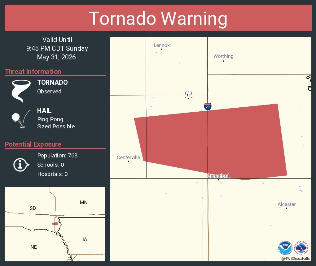 NWSSiouxFalls's tweet photo. Tornado Warning including Lincoln County, SD, Turner County, SD until 9:45 PM CDT https://t.co/wsWgZQdS2T