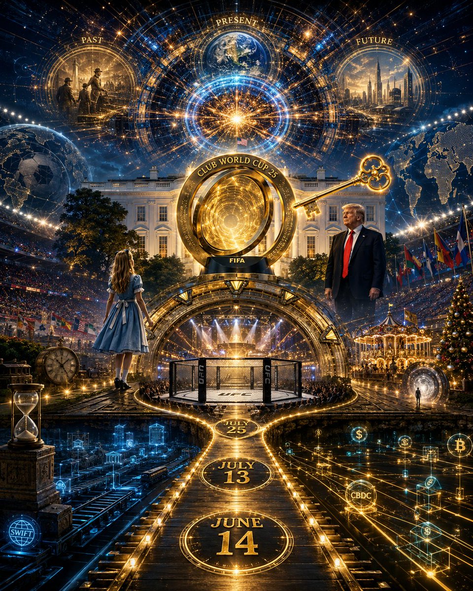 GnosticWatcher's tweet photo. FIFA trophy = portal. Golden key = access. Oval Office = state power. ALICE/LHC = hidden-reality collider. UFC octagon = chamber. DTCC = new rails. June 14 opens it, July 13 activates it, July 25 completes the riddle window. Alice leads through the gate. https://t.co/UcAjTw4OR6
