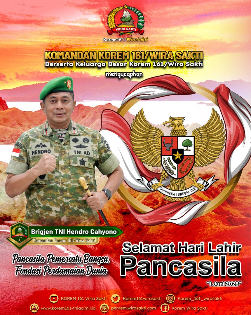 KOREM161WS's tweet photo. Selamat Hari Lahir Pancasila 
1 Juni 2026
""Pancasila Pemersatu Bangsa, Fondasi Perdamaian Dunia" https://t.co/W9QEMOcs4V
