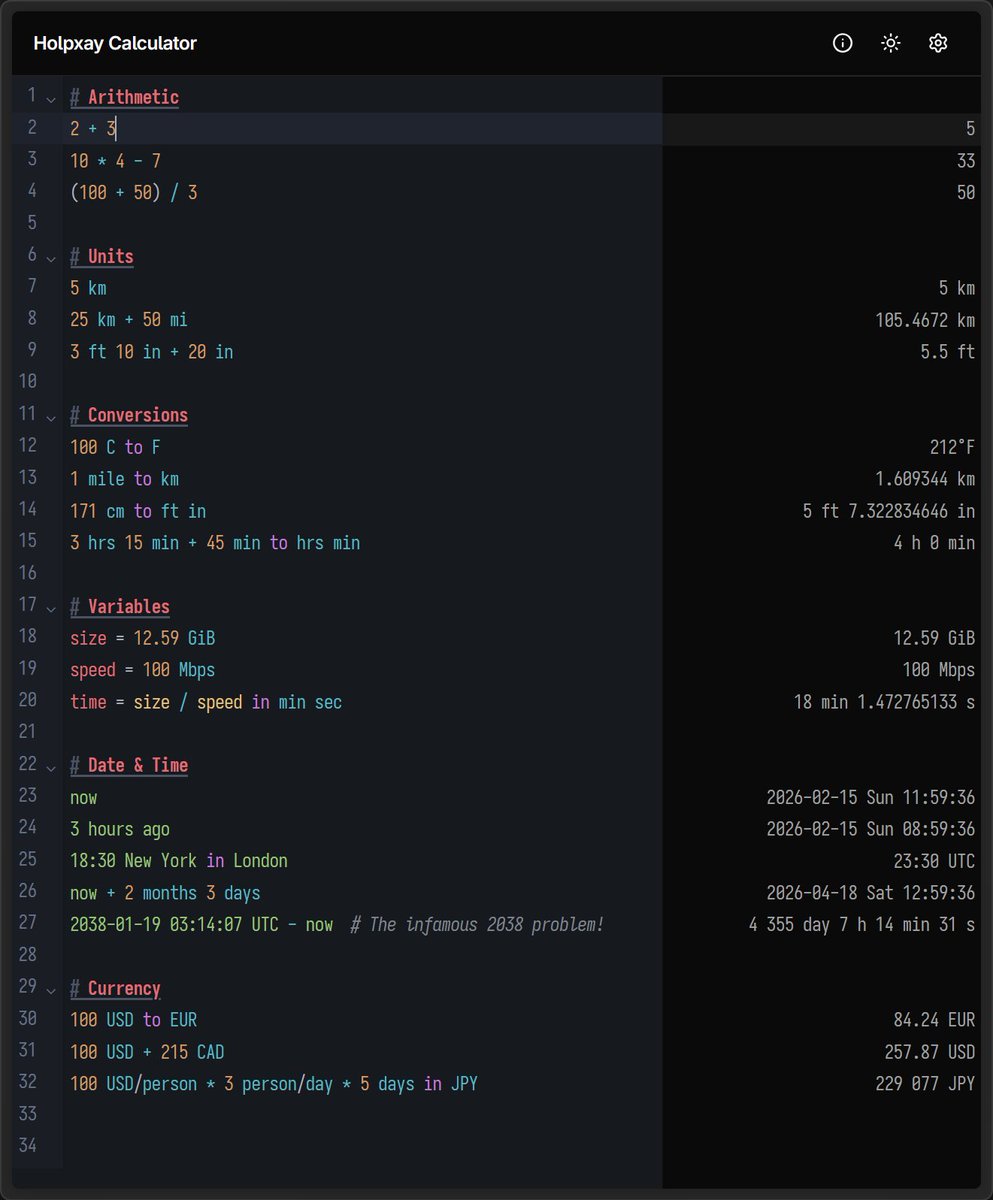 blueset's tweet photo. Check out Holpxay calculator, yet another notepad calculator that can also do unit/currency conversions, mixed unit calculation, variables, and date/time/timezone… with Markdown highlight too! https://t.co/RQDrBVkDWp