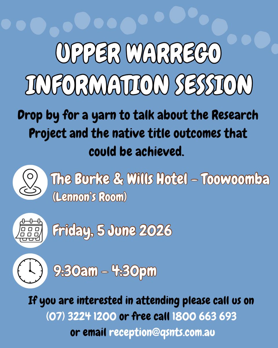 QSNTS's tweet photo. This Friday, we will be holding an Upper Warrego Information Session at the Burke &amp; Wills Hotel, Toowoomba! 

🗣️We want to have a yarn with those families who have long-term connection to some or all of this Country about native title outcomes that could be achieved. https://t.co/JgipH9UybL