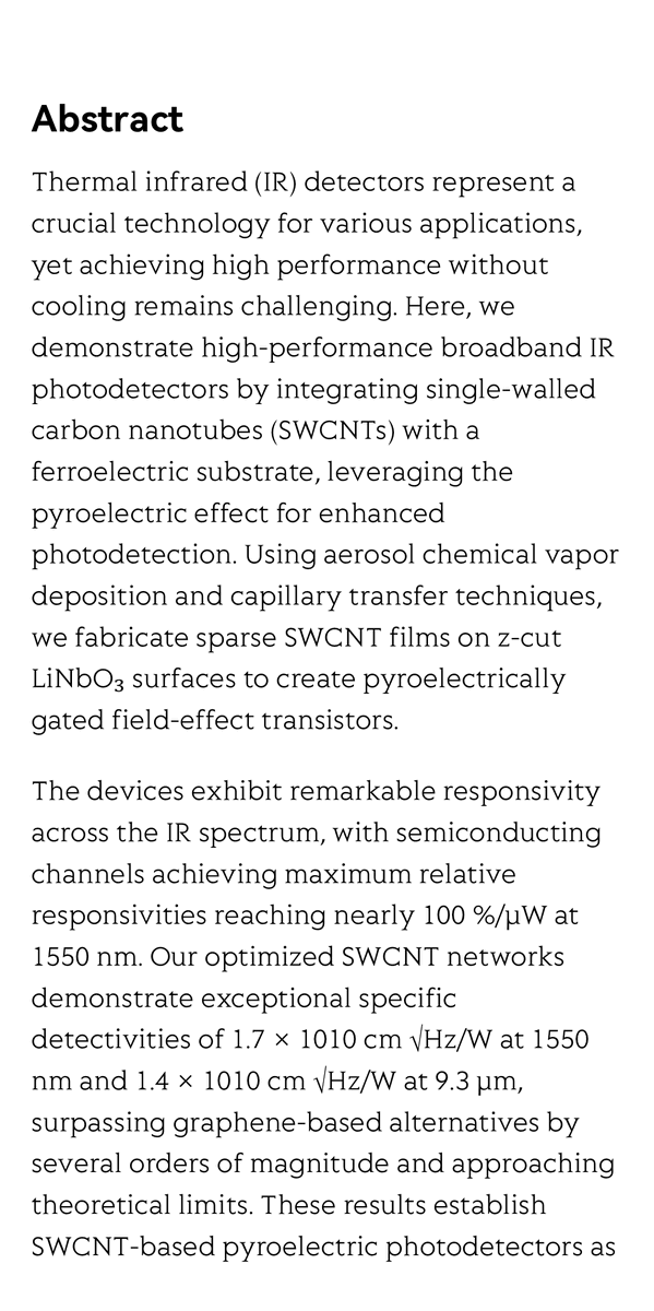 pubcard_net's tweet photo. "Highly sensitive SWCNT-based pyroelectric phototransistors for broadband room temperature infrared detection" is featured on PubCard @OptoElectronAdv Full-length paper available at https://t.co/MMff9cW0St https://t.co/x9ymFZhZfE