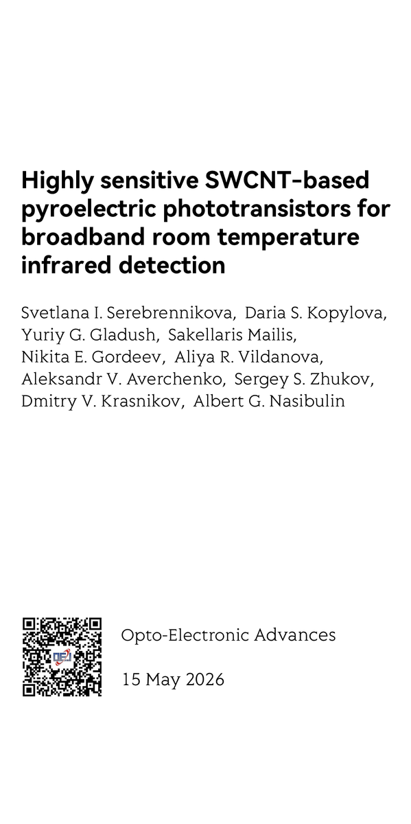 pubcard_net's tweet photo. "Highly sensitive SWCNT-based pyroelectric phototransistors for broadband room temperature infrared detection" is featured on PubCard @OptoElectronAdv Full-length paper available at https://t.co/MMff9cW0St https://t.co/x9ymFZhZfE