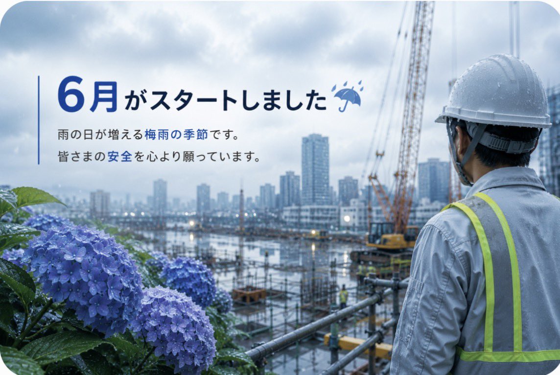 SynQRemote's tweet photo. ＼ 6月がスタートしました🌧️ ／
台風の警戒に続き、これからは雨の日が増える梅雨の季節ですね。
悪天候の中でも、日々現場を支えてくださっている皆さま、本当にありがとうございます✨

視界や足元が悪い日が増えますが、どうか皆さまがケガなく、安全に1日を終えられることを心から願っています！
#クアンド #梅雨 #安全第一 #いつもありがとうございます #SynQRemote #現場