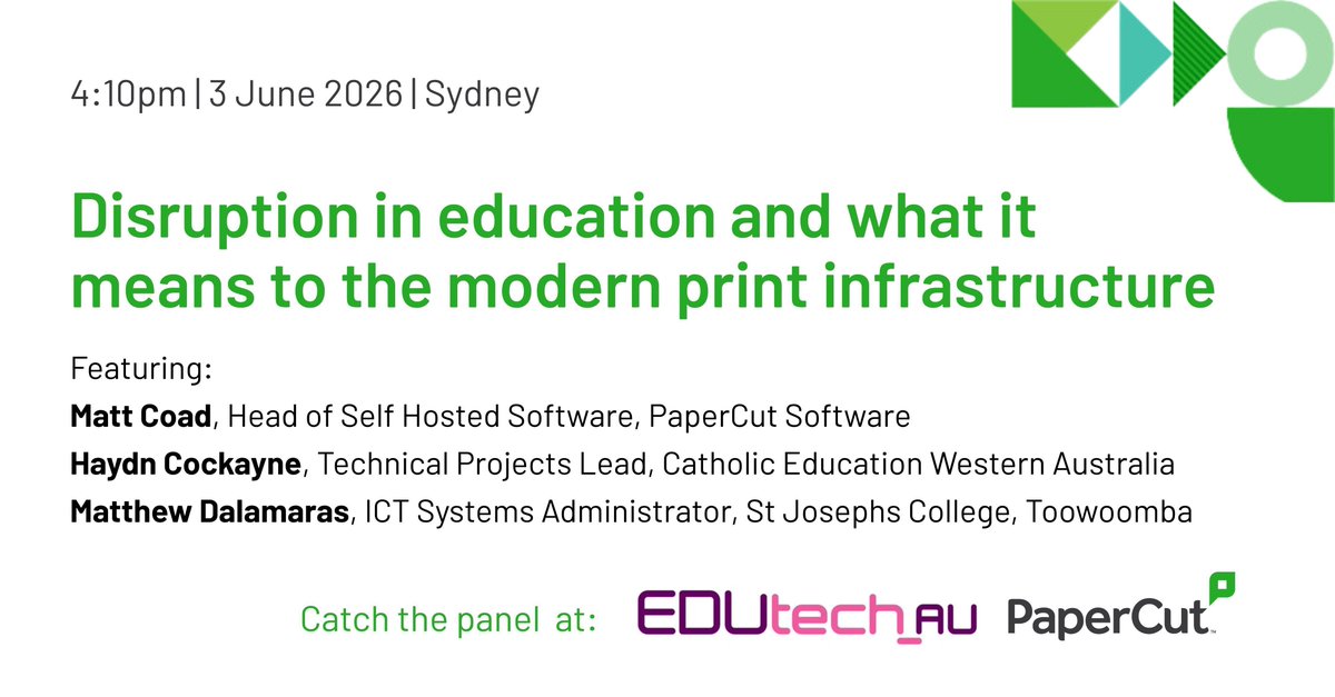 PaperCutDev's tweet photo. We're at @EduTECH_AU in Sydney this week and we're bringing more than a booth.

On day one at 4:10pm, Head of Self Hosted Software  joins a panel of education IT leaders for a candid conversation about print infrastructure in schools right now. 

Think ARM64 disruption, the end of hard student quotas, cloud vs on-prem trade-offs, and what a successful deployment looks like in 2026. 

If you're navigating any of this in your institution, it's worth being in the room.

We'll see you at 4:10, or come find us at booth 315 anytime during the conference.