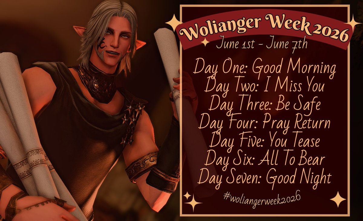 Jurassicatz's tweet photo. I'm kicking the door down with Wolianger Week 2026 ♥ Any and all ships/pairings are welcome! As well as any kid of media: writing, gposes, art, whatever you fancy. ♥ Just tag with #woliangerweek2026 
#uriangeraugurelt #Urianger https://t.co/Rxkll3oHVD