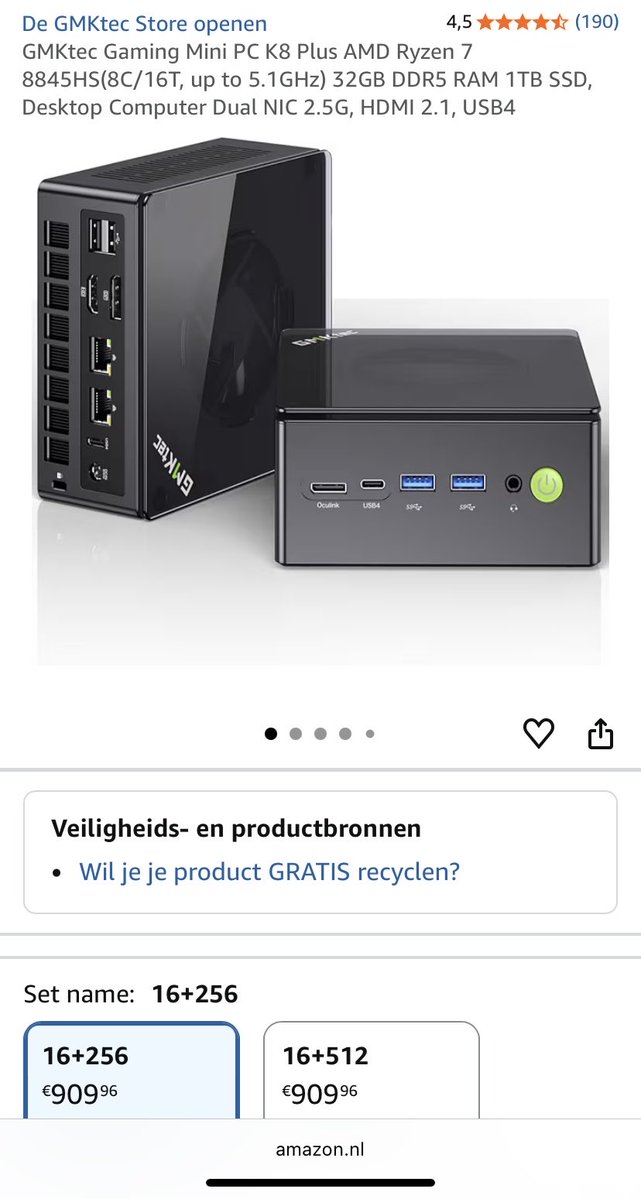 doyouusevim's tweet photo. Я пропустил как выросли цены. В ноябре GMkTec k8 стоил 1800аед на AMD Ryzen 8845hs 32gb RAM, а сейчас 3400аед. 

Причем в Нидерландах цена тоже не 500€, а 909€ https://t.co/eVF1Gkg1re