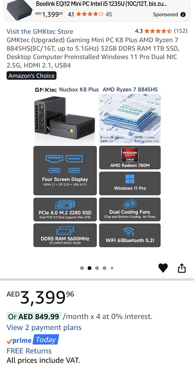doyouusevim's tweet photo. Я пропустил как выросли цены. В ноябре GMkTec k8 стоил 1800аед на AMD Ryzen 8845hs 32gb RAM, а сейчас 3400аед. 

Причем в Нидерландах цена тоже не 500€, а 909€ https://t.co/eVF1Gkg1re