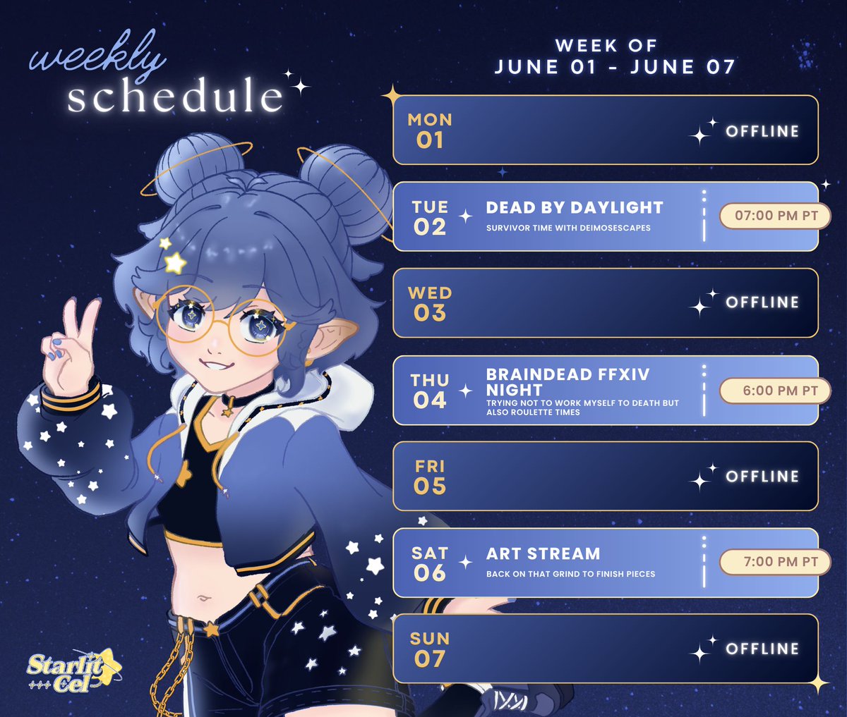 starlitcel's tweet photo. ☄ASTERIOD WATCH 6/01 - 6/07🛰️ 
Bing bong it's yap week. All the talk about FFXIV on Saturday with y'all has me jumping back in SINCE I FINISHED THE DEMIATMA STAGE FINALLY. 
(੭´꒳`)°* ੈ‧₊˚  Can't wait to see you! → 𝘁𝘄𝗶𝘁𝗰𝗵.𝘁𝘃/starlitcel https://t.co/m4LueJp0HW