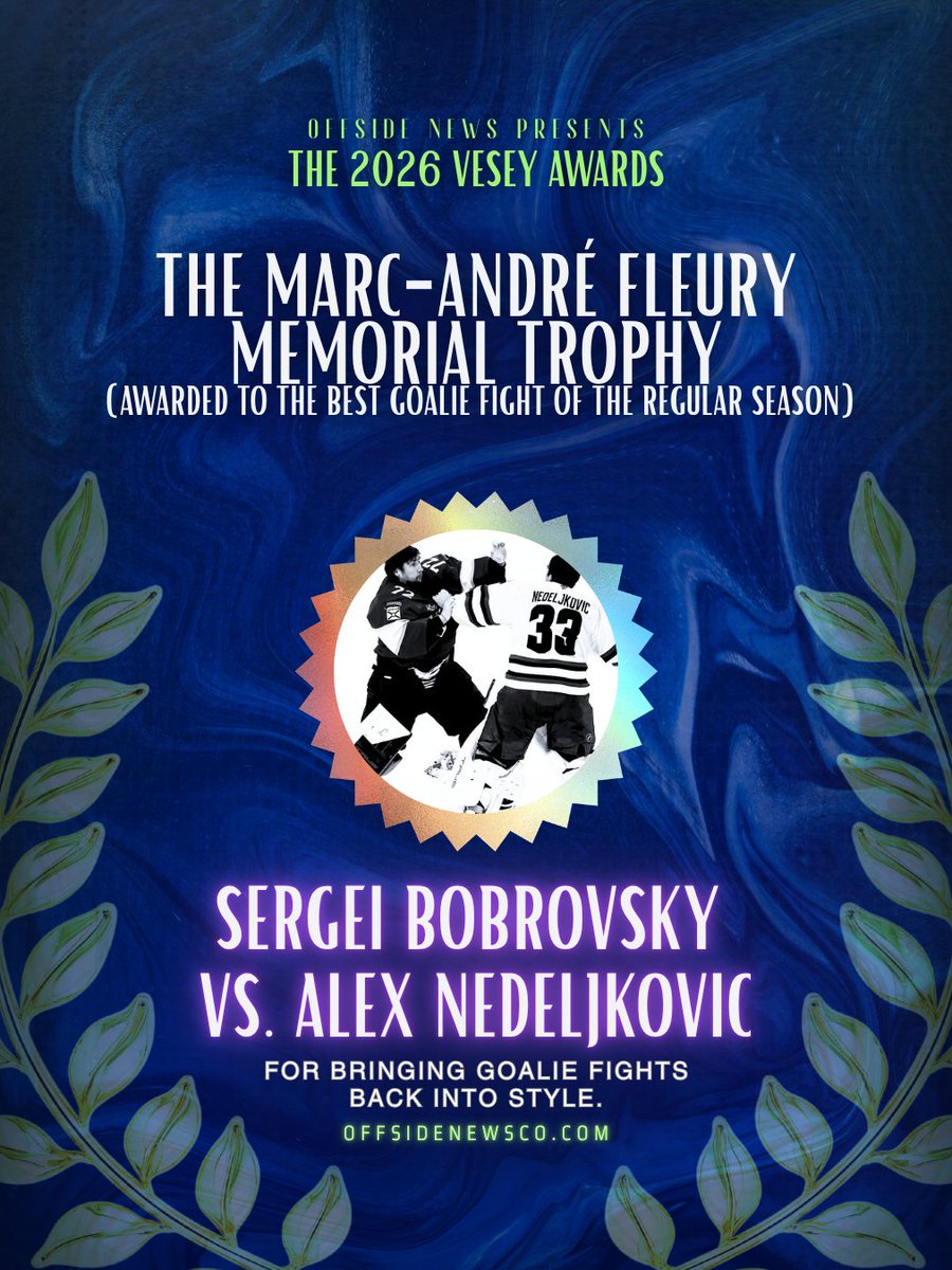 offsidenewsco's tweet photo. Florida Panther Sergei Bobrovsky and San Jose Shark Alex Nedeljkovic take home the Marc-André Fleury Memorial Trophy for the best goalie fight of the regular season. https://t.co/zWe3nqrxmR