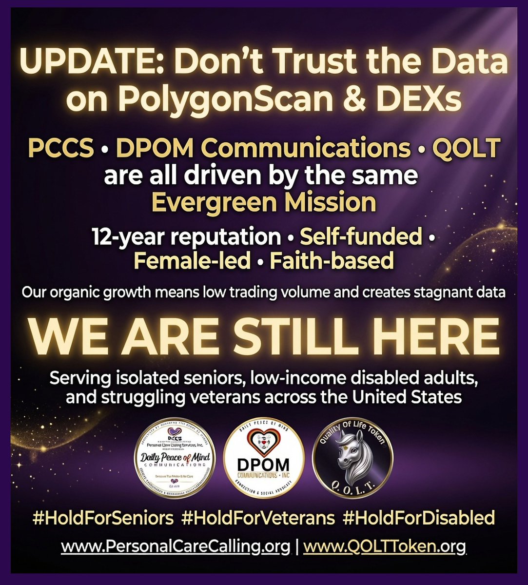 QOLTtoken's tweet photo. "Although we are a bit upset by the misleading data, we stand firmly planted in our "Evergreen Mission" 
The Mission needs YOU! Our Isolated Seniors, and Disabled Veterans need YOU too. Thank you, Peace & Blessings. https://t.co/sDdREWiuwP & https://t.co/119tJRwQTI 
**This is not financial advice, do your research**