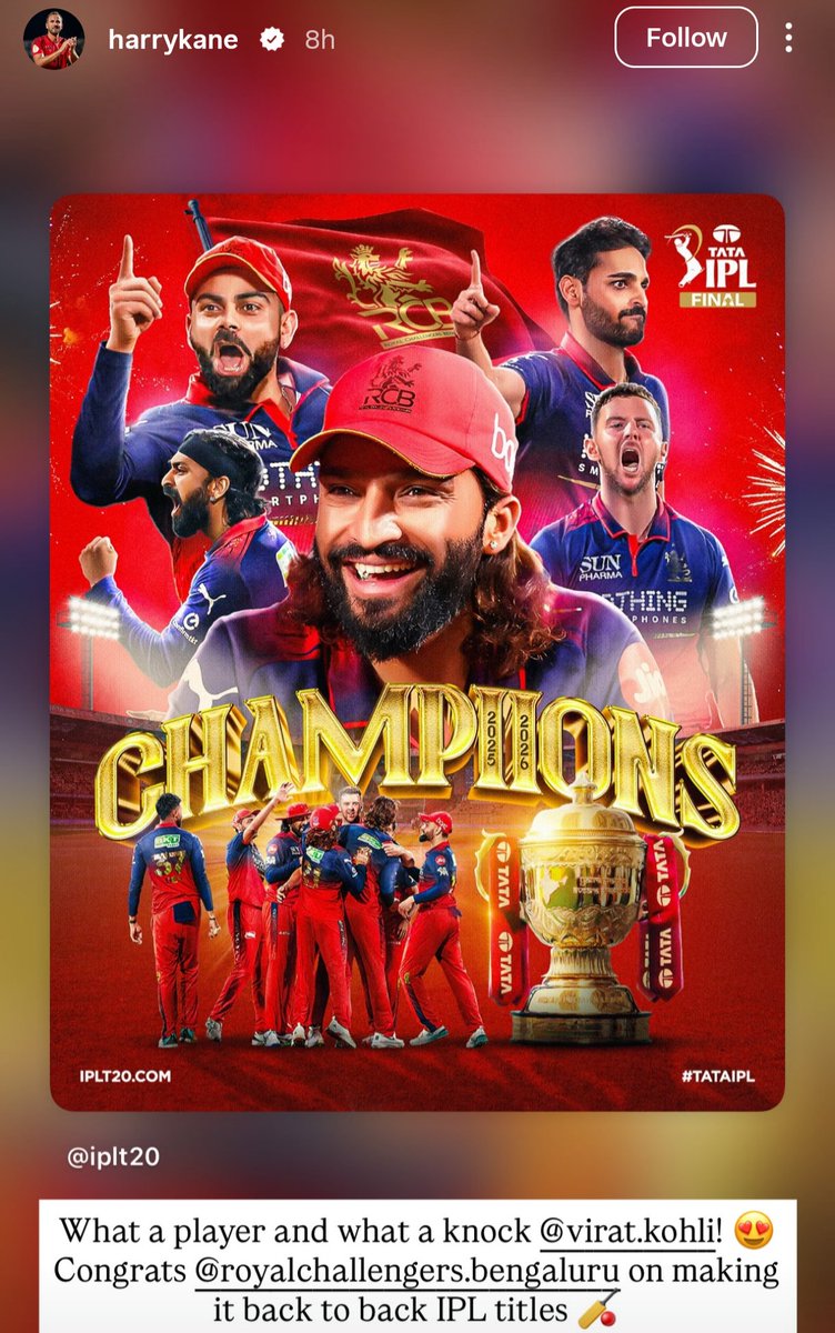 CricCrazyJohns's tweet photo. Football legend Harry Kane's Instagram story for Virat Kohli 😍

- RCB &amp; KOHLI ARE GLOBAL BRANDS...!!!! https://t.co/5qexle0ptm
