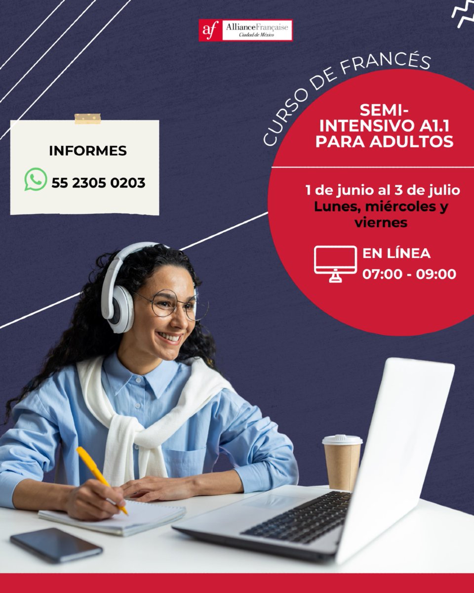 AFMexico's tweet photo. 🇫🇷✨ Un nuevo idioma puede llevarte más lejos de lo que imaginas.

💻 Curso semi intensivo A1.1 en línea
📅 Del 1 de junio al 3 de julio
📲 Informes: 55 2305 0203 https://t.co/4Ez2jSr95m