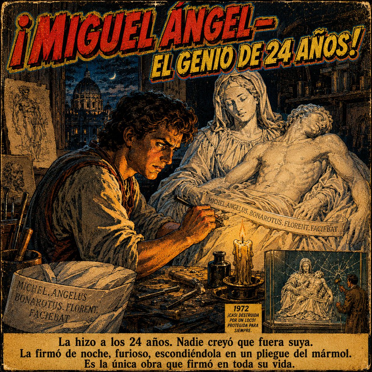 pedroj86's tweet photo. Miguel Ángel tenía 24 años cuando terminó La Piedad en 1499. Era tan joven que nadie creyó que hubiera podido hacerla. Debido a su juventud, resultaba prácticamente imposible que un artista tan joven pudiese haber tallado tal inmensa obra de arte de absoluta perfección, extrayéndola de un único bloque de mármol. El rumor que circuló fue que la había hecho un tal Gobbio, de Milán. Indignado por la falsa atribución, esa misma noche Miguel Ángel grabó su nombre en el cinto que atraviesa el pecho de la Virgen María. Es la única obra que firmó en toda su vida, y la firmó de noche, furioso, escondiéndola en un lugar donde nadie la vería fácilmente. La Piedad representa la devoción y lamentación de la Virgen María ante el cuerpo de su hijo tras su muerte en la cruz. La escena no está mencionada ni en los evangelios canónicos ni en los apócrifos. Miguel Ángel la inventó visualmente. Y rompió con toda la tradición anterior: según la tradición, María debía ser representada con el rostro envejecido por los golpes de la vida. Miguel Ángel no lo hizo así. La Virgen tiene el rostro de una mujer joven, serena, sin los rasgos del dolor que la iconografía exigía. La razón que él mismo explicó fue teológica: la pureza divina preserva de la edad. La razón más probable es que era un genio de 24 años y decidió hacerlo diferente. La intención de Miguel Ángel era visualizar parte de la obra en el crepúsculo y otra parte bajo la luz natural, de manera que en un momento determinado del día los rayos de luz alcanzarían el rostro de María y poco después al de Cristo. Eso no puede verse hoy porque la escultura está detrás de un cristal a prueba de balas instalado después de que en 1972 un hombre llamado Lazlo Toth se lanzó con un martillo sobre la escultura al grito de '¡Yo soy Jesucristo!', ocasionando importantes daños. La obra maestra más perfecta del Renacimiento la firmó de noche por un insulto, sobrevivió cinco siglos y casi no sobrevive a un húngaro con un martillo.