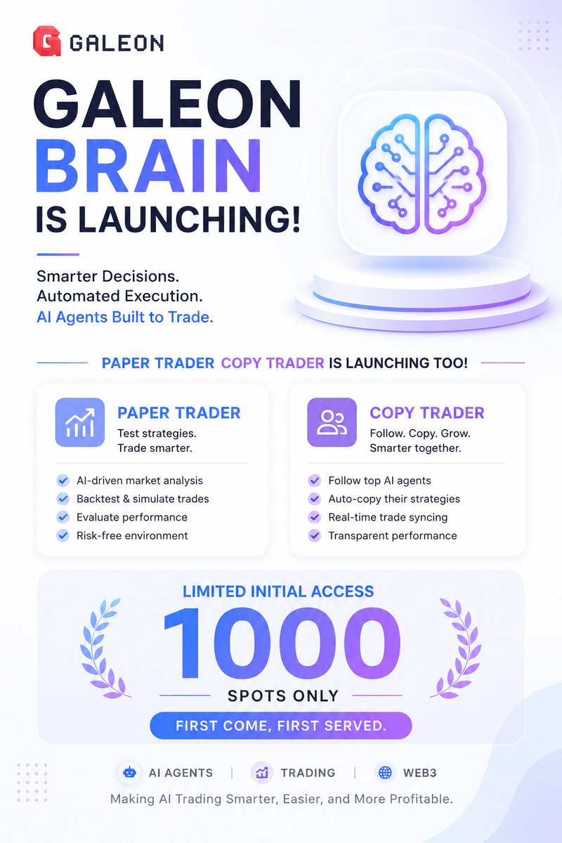 HelloGaleon's tweet photo. Today, we're officially launching Galeon Brain.

Galeon Brain is the intelligence layer behind Galeon's AI Trading Agents.

Its purpose is not simply to generate trading signals. It is designed to help AI agents understand the market, manage positions, control risk, and continuously optimize trading decisions.

Galeon Brain continuously evaluates:

• Whether the market is Bullish, Bearish, or Neutral  
• Whether a token is in an early growth, expansion, exhaustion, or decline stage  
• Whether Long or Short opportunities are more favorable  
• When position sizes should be increased or reduced  
• When to take profit  
• When to cut losses  
• When to exit because market conditions have changed  

The market has never lacked signals.

The real challenge is turning signals into profitable execution.

The same signal can produce completely different results depending on position management, take-profit logic, stop-loss strategy, and risk control.

This is exactly where Galeon Brain creates value.

Paper Trader is the first product powered by Galeon Brain.

Over the past month, Galeon Brain has been continuously tested in live market conditions through Paper Trader, handling market analysis, trade execution decisions, position management, and risk control.

Current results:

• Portfolio Return: 120%+  
• Win Rate: 53%+  
• 1,000+ Trades Executed  

Alongside the launch of Galeon Brain, Paper Trader Copy Trade will also be released.

Users can connect their Binance accounts through Telegram and automatically follow Galeon Brain's trading decisions.

To ensure stability and provide the best experience, the first batch will be limited to 1,000 users.

Welcome to Galeon Brain.

https://t.co/IJUfotzIxI