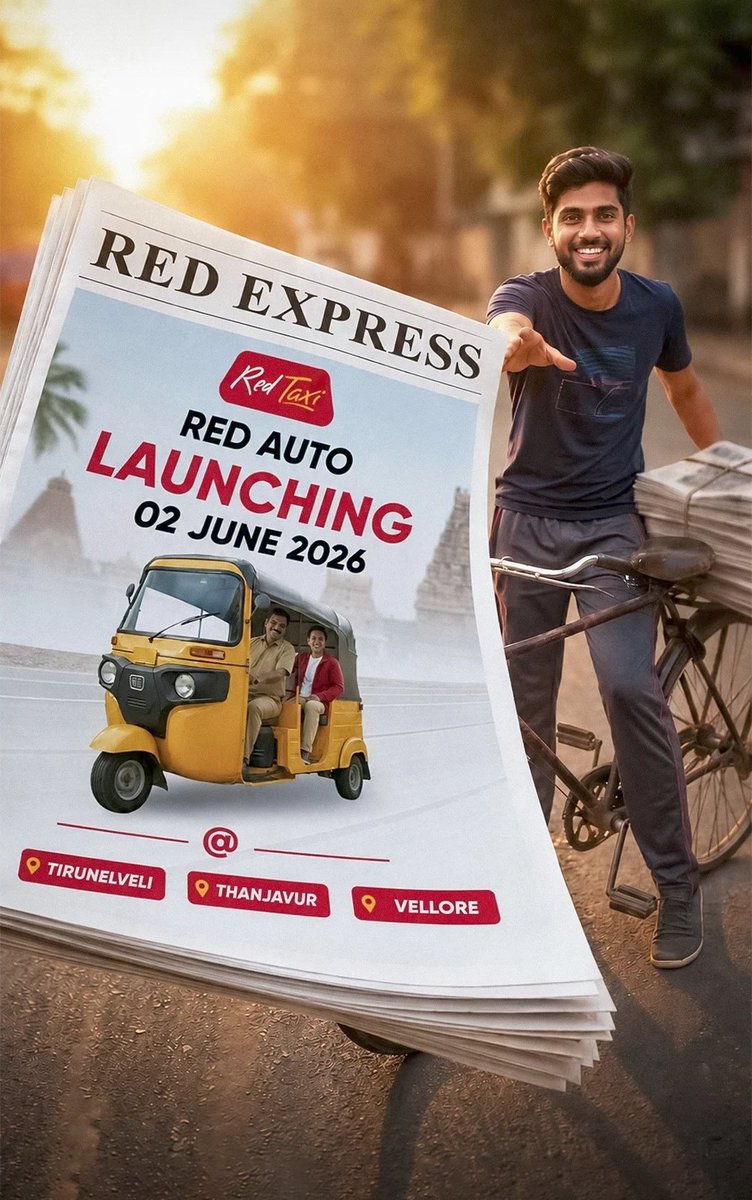 UpdatesTanjore's tweet photo. 🎉 Red Taxi continues to expand its mobility ecosystem. 🚕 🏍️ 🛺

After Red Taxi cabs and Red Bike Taxi, the company is now introducing Red Auto in #Thanjavur from June 2, 2026.👌🏻

The local transit scene in #Thanjavur is evolving fast. 📈👏🏻

#Thanjavur #RedTaxi #RedAuto 🆕 https://t.co/nRhGQWX7ML
