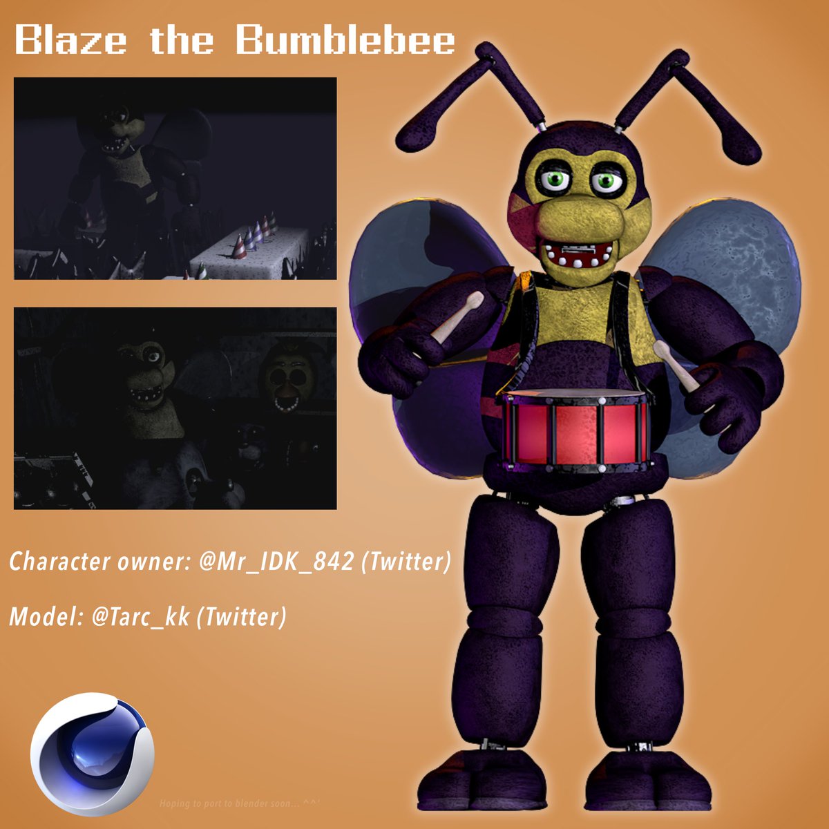 Mr_IDK_842's tweet photo. Blaze the Bumblebee is here and is now available for C4D use only atm.
RULES:
1- Do not claim this character as yours.
2- No NSFW/ Fetish art.
3- if you post, please @ me. I wish to see! :DD
Have fun!!! #fnaf #fnaftwt #fnaf1 #fnafhelpwanted
https://t.co/2rREZooHLy https://t.co/VrAQ1BNsnL