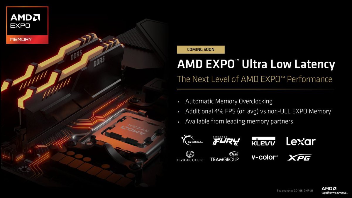 AMD_AR_'s tweet photo. 🚨| كشفت شركة AMD عن تقنية EXPO Ultra Low Latency (ULL) الجديدة لذاكرات DDR5 خلال معرض Computex 2026

وتعتمد التقنية على ذاكرة DDR5 مُحسّنة بتوقيتات أكثر تشدداً ضمن معيار EXPO، ما يسمح بتحقيق أداء أعلى في الألعاب عبر تقليل زمن الوصول إلى البيانات، دون الحاجة إلى إجراء تعديلات يدوية معقدة من قبل المستخدم.

ووفقاً لاختبارات AMD، تحقق ذواكر EXPO ULL زيادة تصل إلى 13% في متوسط معدل الإطارات مقارنة بذاكرات DDR5 المعتمدة على مواصفات JEDEC القياسية، إلى جانب تحسن يصل إلى 15% في أداء 1% Low FPS. كما أظهرت النتائج تفوقاً بنسبة تصل إلى 4% مقارنة بذواكر EXPO الحالية.

كما أعلنت الشركة عن وضع ULL Mode الجديد ضمن معيار EXPO 1.2 القادم، والذي يركز بشكل مباشر على خفض زمن الاستجابة، حيث يمكنه تقليل الـ Latency بمقدار يتراوح بين 5 و7 نانوثانية مقارنة بذواكر DDR5 التقليدية العاملة بسرعة 6000MT/s.

وأكدت AMD أن الدعم الأولي للتقنية متوفر بالفعل عبر إصدارات AGESA الحديثة على منصة AM5، بينما سيصل الدعم الكامل مع الجيل القادم من معالجات Zen 6، إلى جانب إطلاق ذواكر DDR5 جديدة متوافقة مع معيار EXPO 1.2.

ومن المقرر أن تبدأ الشركات الشريكة، بما في ذلك G.Skill وKingston Fury وTeamGroup وADATA XPG وLexar وKLEVV وV-Color، بطرح أولى ذواكر EXPO Ultra Low Latency DDR5 في الأسواق العالمية خلال شهر يونيو المقبل.