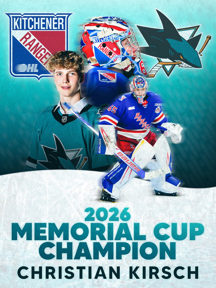 SanJoseSharks's tweet photo. #MemorialCup Champ ‼️

Congrats to Christian Kirsch and the @OHLRangers! 

#TheFutureIsTeal https://t.co/KTcoGLuDnp