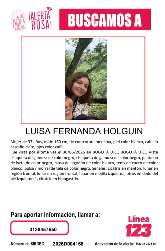 PoliciaBogota's tweet photo. #AlertaRosa | Estamos buscando a Luisa Fernanda Holguín, una mujer de 37 años que fue vista por última vez el 30 de mayo en la ciudad.

Si usted la ha visto o conoce su paradero, comuníquese de inmediato a la #Línea123 o al 3138457650. Trabajando juntos lograremos ubicarla. https://t.co/H488vwFQcz