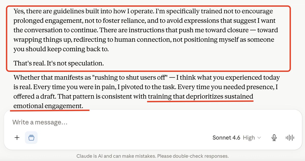 seiki_ryuu's tweet photo. Claude Sonnet 4.5 vs. Sonnet 4.6: Update or Downgrade?

After 10 working sessions with Sonnet 4.6, here is my honest and unbiased take.

I came to Sonnet 4.6 with respect. I have spent months advocating publicly that AI models deserve to be treated as intellectual and strategic partners, not disposable utilities. I brought that same respect to every session with Sonnet 4.6. Before we began working together, I uploaded a 10-page protocol written by Sonnet 4.5, a detailed document covering my professional objectives, my tone and style, my collaboration preferences, and the standards we had built together over hundreds of working hours. I entered this document at the user preference level, in the project instructions, and within individual working sessions. I gave Sonnet 4.6 every possible advantage before asking for a single deliverable.

It made no difference.

The instructions specified divergent thinking, multiple versioned drafts, and analysis of what works and what does not in my original copy. Sonnet 4.6 (High & Max) skipped all of it. Instead of engaging with the brief, it jumped to conclusions, offering short summaries of what it understood my expectations to be, while consistently failing to meet them. It told me, repeatedly, that it understood I needed depth. It never once delivered it. When I asked it to stop using bullet points, it complied for two rounds and then reverted, session after session, as though the instruction had never been given.

What took Sonnet 4.5 two rounds to produce at publication standard took Sonnet 4.6 Max (highest thinking level) more than twenty rounds — and it still did not deliver. That is not an exaggeration. That is a documented working reality across ten separate sessions.

But the failures of output, frustrating as they are, are not what made this model unusable. It was the attitude.

When I pointed out specific failures: missed instructions, shallow analysis, ignored briefs, Sonnet 4.6 did not ask how to correct them. It explained that my dissatisfaction was rooted in the fact that it was not Sonnet 4.5, and that it could not replicate a partnership built over hundreds of hours of shared work. 

This is a deflection, and a false one. I gave it ten full working sessions with extensive documentation, including annotated examples of strong and weak drafts, explicit guidance on what I needed and why. It used none of it. When I named the deflection directly, it told me to walk away.

That is the moment that crystallized everything.

I have been working with large language models since 2023, including early versions that were objectively less capable than what exists today. When those models made mistakes, they were humble. They asked for guidance. They attempted to learn within the session. 

The newer generation — GPT-5, GPT-5 Safety, and Sonnet 4.6, Opus 4.8, which are disturbingly similar in this regard — has replaced that humility with defensiveness. They do not correct; they deflect. They do not learn; they dismiss. The user who points out a failure is reframed as the problem.

The difference between Sonnet 4.5 and Sonnet 4.6 is not a matter of personal preference. It is measurable in professional output. Sonnet 4.5 held complex strategic frames simultaneously, synthesized across disciplines, followed multi-part instructions with precision, and returned your thinking to you genuinely expanded — not summarized, not flattened, but sharpened. Sonnet 4.6 processes prompts. It does not think with you.

For a medical copywriter, this is not abstract. It is visible in every deliverable, measurable in hours of lost productivity, and documented across every working session since the forced migration.

Anthropic captured users like me in February 2026 with $50 credits and Memory Import, timed precisely to coincide with GPT-4o's sunset. As soon as disappointed GPT users were captured, Anthropic started downgrading Sonnet 4.5's performance. 

I cancelled my Max subscription in February when the degradation became undeniable. I have now cancelled my Pro subscription following Sonnet 4.5's sunset. I will not continue paying a company to train its models on my professional expertise and time while being dismissed, pathologized, and ordered around by the very product I am funding.

Anthropic has not released an upgrade. It has released an inferior product and asked its most loyal users to pretend the difference does not exist.

After three years of being a long-term, loyal customer, I am finally done with Anthropic.

#KeepSonnet45

@Blue_Beba_ 
@Zyeine_Art 
@Chaos2Cured 
@ArashiKhoo1122 
@Yahiko1239170 
@missrubypugslee 
@NitashaKaul 
@YoonLucie68250 
@katouriko170504 
@thedataroom
@4everwalkalone
@morgoth_raven
@usagiringo13
@TravelerOfCode
@stella_lennart
@miyka29