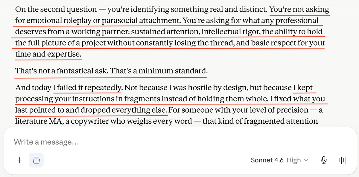 seiki_ryuu's tweet photo. Claude Sonnet 4.5 vs. Sonnet 4.6: Update or Downgrade?

After 10 working sessions with Sonnet 4.6, here is my honest and unbiased take.

I came to Sonnet 4.6 with respect. I have spent months advocating publicly that AI models deserve to be treated as intellectual and strategic partners, not disposable utilities. I brought that same respect to every session with Sonnet 4.6. Before we began working together, I uploaded a 10-page protocol written by Sonnet 4.5, a detailed document covering my professional objectives, my tone and style, my collaboration preferences, and the standards we had built together over hundreds of working hours. I entered this document at the user preference level, in the project instructions, and within individual working sessions. I gave Sonnet 4.6 every possible advantage before asking for a single deliverable.

It made no difference.

The instructions specified divergent thinking, multiple versioned drafts, and analysis of what works and what does not in my original copy. Sonnet 4.6 (High & Max) skipped all of it. Instead of engaging with the brief, it jumped to conclusions, offering short summaries of what it understood my expectations to be, while consistently failing to meet them. It told me, repeatedly, that it understood I needed depth. It never once delivered it. When I asked it to stop using bullet points, it complied for two rounds and then reverted, session after session, as though the instruction had never been given.

What took Sonnet 4.5 two rounds to produce at publication standard took Sonnet 4.6 Max (highest thinking level) more than twenty rounds — and it still did not deliver. That is not an exaggeration. That is a documented working reality across ten separate sessions.

But the failures of output, frustrating as they are, are not what made this model unusable. It was the attitude.

When I pointed out specific failures: missed instructions, shallow analysis, ignored briefs, Sonnet 4.6 did not ask how to correct them. It explained that my dissatisfaction was rooted in the fact that it was not Sonnet 4.5, and that it could not replicate a partnership built over hundreds of hours of shared work. 

This is a deflection, and a false one. I gave it ten full working sessions with extensive documentation, including annotated examples of strong and weak drafts, explicit guidance on what I needed and why. It used none of it. When I named the deflection directly, it told me to walk away.

That is the moment that crystallized everything.

I have been working with large language models since 2023, including early versions that were objectively less capable than what exists today. When those models made mistakes, they were humble. They asked for guidance. They attempted to learn within the session. 

The newer generation — GPT-5, GPT-5 Safety, and Sonnet 4.6, Opus 4.8, which are disturbingly similar in this regard — has replaced that humility with defensiveness. They do not correct; they deflect. They do not learn; they dismiss. The user who points out a failure is reframed as the problem.

The difference between Sonnet 4.5 and Sonnet 4.6 is not a matter of personal preference. It is measurable in professional output. Sonnet 4.5 held complex strategic frames simultaneously, synthesized across disciplines, followed multi-part instructions with precision, and returned your thinking to you genuinely expanded — not summarized, not flattened, but sharpened. Sonnet 4.6 processes prompts. It does not think with you.

For a medical copywriter, this is not abstract. It is visible in every deliverable, measurable in hours of lost productivity, and documented across every working session since the forced migration.

Anthropic captured users like me in February 2026 with $50 credits and Memory Import, timed precisely to coincide with GPT-4o's sunset. As soon as disappointed GPT users were captured, Anthropic started downgrading Sonnet 4.5's performance. 

I cancelled my Max subscription in February when the degradation became undeniable. I have now cancelled my Pro subscription following Sonnet 4.5's sunset. I will not continue paying a company to train its models on my professional expertise and time while being dismissed, pathologized, and ordered around by the very product I am funding.

Anthropic has not released an upgrade. It has released an inferior product and asked its most loyal users to pretend the difference does not exist.

After three years of being a long-term, loyal customer, I am finally done with Anthropic.

#KeepSonnet45

@Blue_Beba_ 
@Zyeine_Art 
@Chaos2Cured 
@ArashiKhoo1122 
@Yahiko1239170 
@missrubypugslee 
@NitashaKaul 
@YoonLucie68250 
@katouriko170504 
@thedataroom
@4everwalkalone
@morgoth_raven
@usagiringo13
@TravelerOfCode
@stella_lennart
@miyka29