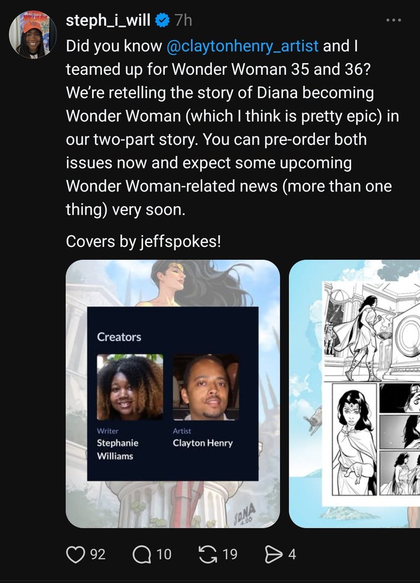 dcuworld's tweet photo. Stephanie Williams teasing more Wonder Woman related news very soon.

We also got a new look at Wonder Woman #35 or #36 which she's writing! https://t.co/0oQMHoxccK