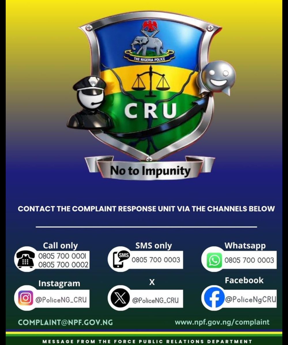 PoliceNG_CRU's tweet photo. 🚨ACTIVE 247🚨 We say #notoimpunity #citizensaretheboss #policeisyourfriend @TunjiDisu1 @tony_placid @CspIniedu https://t.co/YCnj5YEjJG