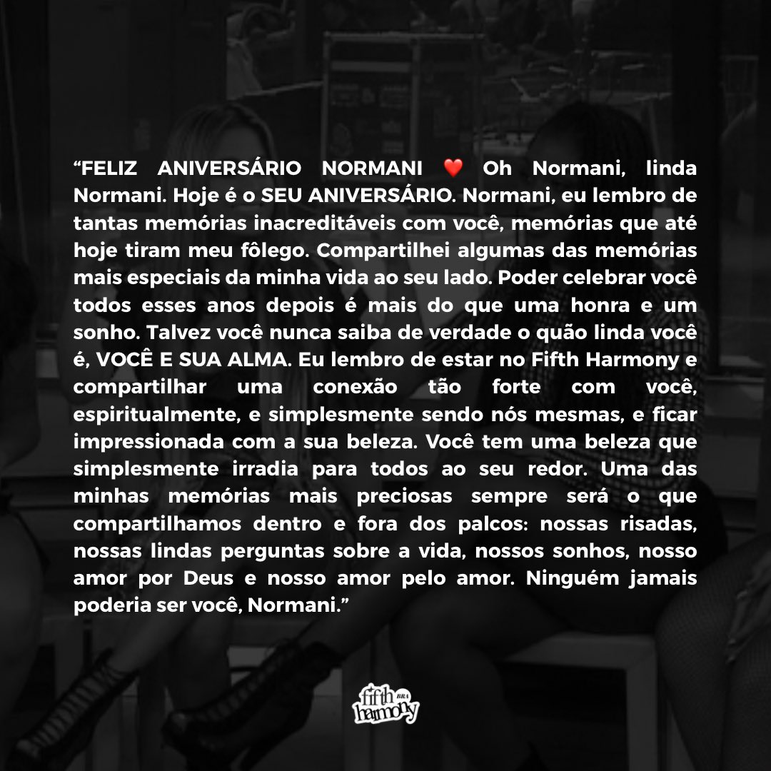 5HBrasil's tweet photo. Ally via Instagram 

“Normani, eu lembro de tantas memórias inacreditáveis com você, memórias que até hoje tiram meu fôlego. Compartilhei algumas das lembranças mais especiais da minha vida ao seu lado, e poder celebrar você todos esses anos depois é mais do que uma honra” 🥺🤍 https://t.co/H7MpidAFff