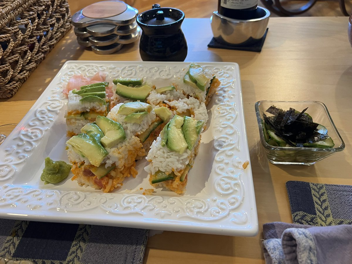 RunnerWineBeach's tweet photo. Tonight’s dinner, a sushi stack. Par usual, too much rice. Next time, less. Tasted fantastic, just not pretty. Lucky for me unattractive, yet yummy sushi stack leftovers becomes poke the next time we eat it. #loveyourpeople #feedyourpeople #cookingistherapy #selfcare #denafood https://t.co/aNZLny34pK