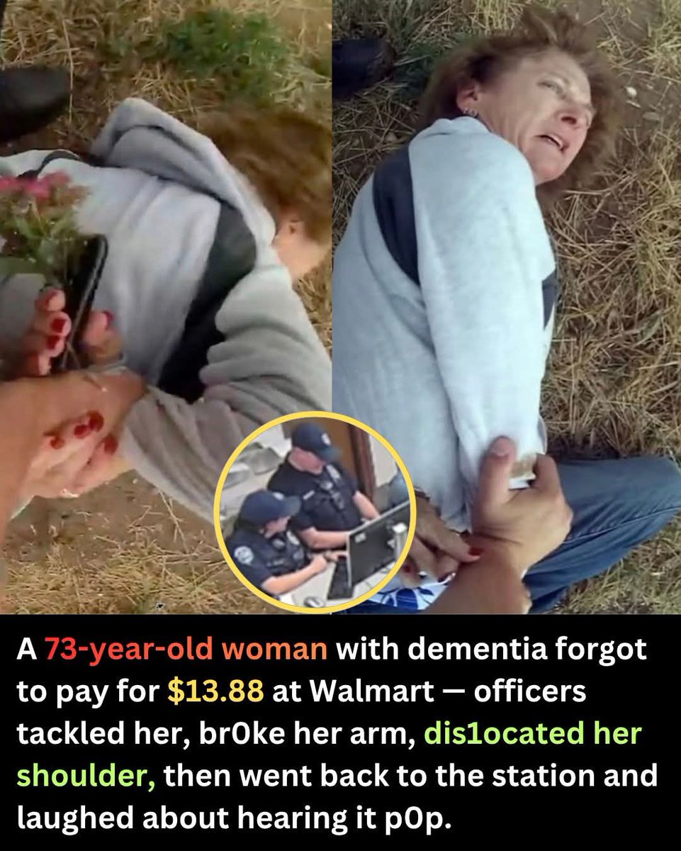 Mr_Husky1's tweet photo. In June 2020, Karen Garner — a 73-year-old woman with dementia — walked out of a Walmart in Loveland, Colorado without paying for $13.88 worth of items. She simply forgot.
Walmart employees took the items back. She turned and walked home.

Two officers intercepted her in a field. She was carrying a wildflower. She told them "I am going home." They threw her to the ground, handcuffed her, and wrenched her arm until her shoulder dislocated. She lay in a jail cell for hours with no medical care.

Back at the station, the arresting officer gathered colleagues around a screen to replay the bodycam footage. "Ready for the pop? Hear the pop?" he said. When asked what had popped, he replied: "I think it was her shoulder." They fist-bumped. One said they had "crushed it."

Officer Austin Hopp was sentenced to five years in prison. His partner received 45 days in jail. The city paid Karen's family $3 million. The police chief resigned.

Karen Garner d!ed in November 2023, aged 76. Her family said she had become fearful and reclusive in her final years — a woman who was once, in their words, "fiercely independent, happy, and carefree."

All of that. Over $13.88.