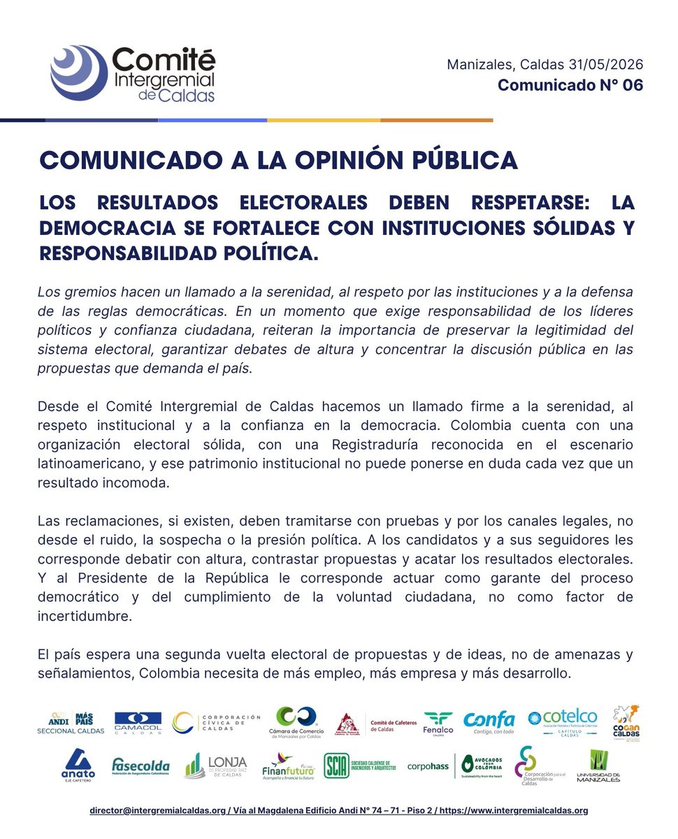 gremiosCaldas's tweet photo. 1/5

Los resultados electorales deben respetarse: la democracia se fortalece con instituciones sólidas y responsabilidad política.

Hacemos un llamado a la serenidad, al respeto institucional y a la confianza en la democracia. @Registraduria @CNE_COLOMBIA https://t.co/FT8FyHexeX